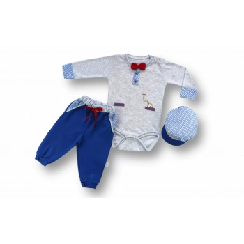 3,6 6,9 9,12 Ay Cep Saat Nakışlı Şapkalı Uzun Kollu Zıbınlı 3lü Erkek Bebek Takımı Mavi
