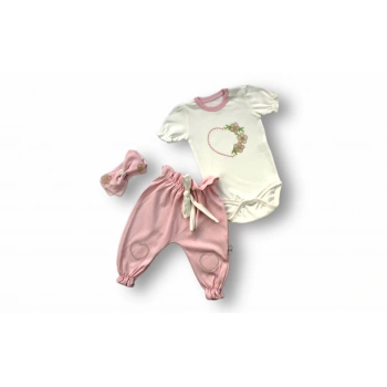 3,6 6,9 9,12 Ay Çiçekli Baharın Kalbi Nakışlı Bandanalı Kısa Kollu Zıbınlı 3lü Kız Bebek Takımı Ekru