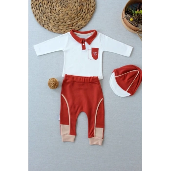 3,6 6,9 9,12 Ay Efendi Nakışlı Cep Şapkalı Uzun Kollu Sweat 3lü Erkek Bebek Takımı Kiremit