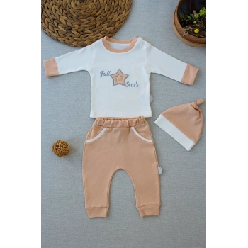 3,6 6,9 9,12 Ay Full Star Nakışlı Şapkalı Uzun Kollu Sweat 3lü Erkek Bebek Takımı Buğday