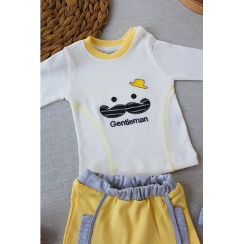 3-6 6-9 9-12 Ay Gentleman Erkek Nakışlı Şapkalı Uzun Kollu Sweat 3lü Erkek Bebek Takımı Sarı