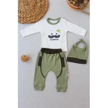 3,6 6,9 9,12 Ay Gentleman Erkek Nakışlı Şapkalı Uzun Kollu Sweat 3lü Erkek Bebek Takımı Yeşil