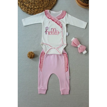 3,6 6,9 9,12 Ay Hello Nakışlı Kruvaze Bandanalı Uzun Kollu Zıbınlı 3lü Kız Bebek Takımı Pembe