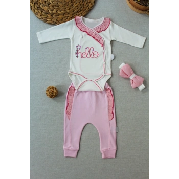 3-6 6-9 9-12 Ay Hello Nakışlı Kruvaze Bandanalı Uzun Kollu Zıbınlı 3lü Kız Bebek Takımı Pembe