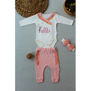 3,6 6,9 9,12 Ay Hello Nakışlı Kruvaze Bandanalı Uzun Kollu Zıbınlı 3lü Kız Bebek Takımı Somon