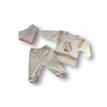 3,6 6,9 9,12 Ay Kraliçe Kuğu Nakışlı Bandajlı Uzun Kollu Sweatli 3lü Kız Bebek Takımı Ekru