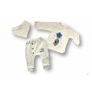 3,6 6,9 9,12 Ay Kutup Yıldızı Nakışlı Bandajlı Uzun Kollu Sweat 3lü Erkek Bebek Takımı Ekru