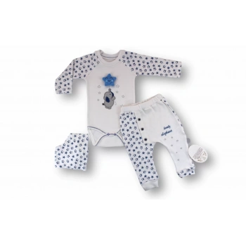 3,6 6,9 9,12 Ay Kutup Yıldızı Nakışlı Bandajlı Uzun Kollu Zıbınlı 3lü Erkek Bebek Takımı Ekru