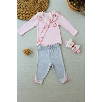 3,6 6,9 9,12 Ay Matmazel Yaka Fırfır Detaylı Bandanalı Uzun Kollu Sweat 3lü Kız Bebek Takımı Pembe