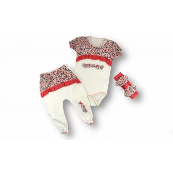 3,6 6,9 9,12 Ay Mimoza Baskılı Bandanalı Kısa Kollu Zıbınlı 3lü Kız Bebek Takımı Nar Çiçeği