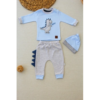 3-6 6-9 9-12 Ay Minik Dino Nakışlı Şapkalı Uzun Kollu Sweat 3lü Kız-erkek Bebek Takımı Mavi