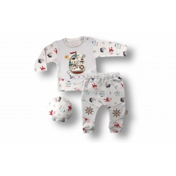 3,6 6,9 9,12 Ay Minik Korsan Nakışlı Şapkalı Uzun Kollu Sweatli 3lü Kız,erkek Bebek Takımı Ekru