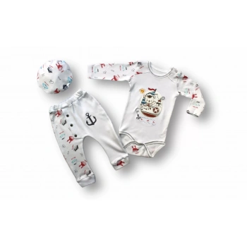 3,6 6,9 9,12 Ay Minik Korsan Nakışlı Şapkalı Uzun Kollu Zıbınlı 3lü Kız,erkek Bebek Takımı Ekru