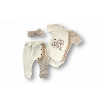 3,6 6,9 9,12 Ay Minik Sincap Nakışlı Şapkalı Uzun Kollu Zıbınlı 3lü Kız Bebek Takımı Kahverengi