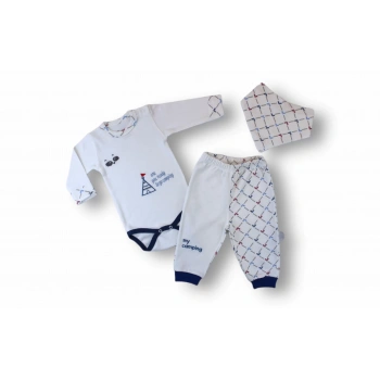 3,6 6,9 9,12 Ay My Camping Nakışlı Bandajlı Uzun Kollu Zıbınlı 3lü Erkek Bebek Takımı Ekru