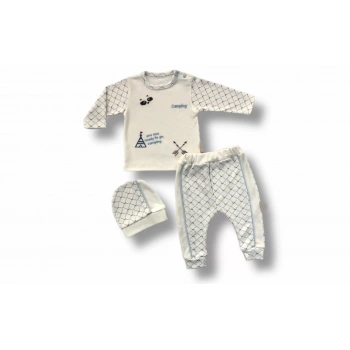 3,6 6,9 9,12 Ay My Camping Nakışlı Şapkalı Uzun Kollu Sweatli 3lü Erkek Bebek Takımı Ekru
