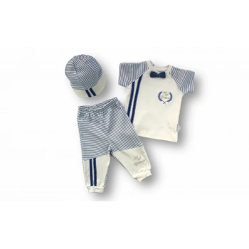 3-6 6-9 9-12 Ay My Prince Nakışlı Şapkalı Kısa Kollu Sweatli 3lü Erkek Bebek Takımı Ekru