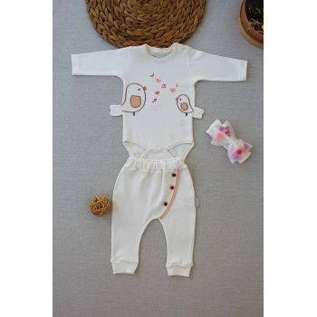 3,6 6,9 9,12 Ay Şarkıcı Kuşlar Nakışlı Bandanalı Uzun Kollu Zıbınlı 3lü Kız Bebek Takımı Ekru