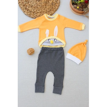 3,6 6,9 9,12 Ay Şımarık Tavşan Nakışlı Şapkalı Uzun Kollu Sweat 3lü Kız,erkek Bebek Takımı Turuncu