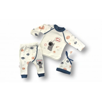 3,6 6,9 9,12 Ay Şirin Kozmonot Nakışlı Şapkalı Uzun Kollu Sweatli 3lü Kız,erkek Bebek Takımı Ekru