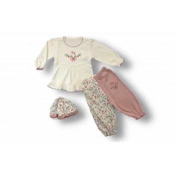 3,6 6,9 9,12 Ay Tb Çiçek Nakışlı Şapkalı Uzun Kollu Sweatli 3lü Kız Bebek Takımı Ekru