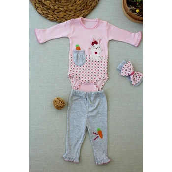 3-6 9-12 12-18 Ay Havuç Tavşan Nakışlı Bandanalı Uzun Kollu Zıbınlı 3lü Kız Bebek Tak Pembe