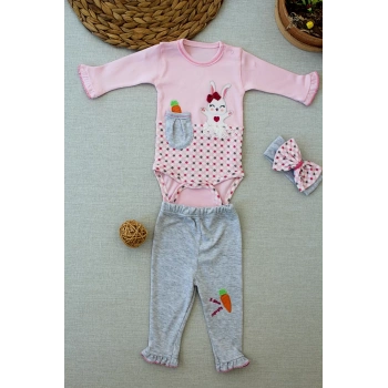 3,6 9,12 12,18 Ay Havuç Tavşan Nakışlı Bandanalı Uzun Kollu Zıbınlı 3lü Kız Bebek Tak Pembe