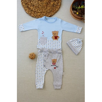 3,6 9,12 12,18 Ay Romantik Ayıcık Nakışlı Şapkalı Uzun Kollu Sweatli 3lü Kız,erkek Bebek Takımı Mavi