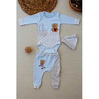 3,6 9,12 12,18 Ay Romantik Ayıcık Nakışlı Şapkalı Uzun Kollu Zıbınlı 3lü Kız,erkek Bebek Takımı Mavi