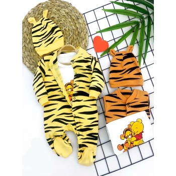 3-6-9-12 Ay Pooh Desenli Zebra Çizgili Şapkalı Sweatli 3lü Kız Erkek Bebek Tulumu(sarı) Sarı