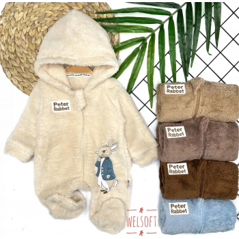 3-6-9-12 Ay Rabbit Tavşan Nakışlı Fermuar Kapamalı Patikli Tüylü Erkek Bebek Tulumu Kahverengi