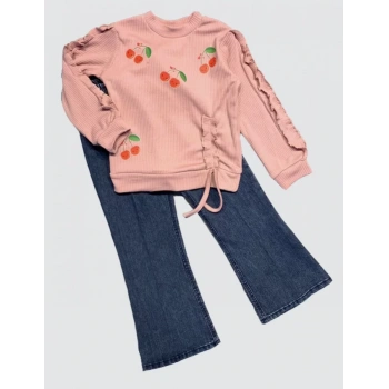 4,5,6 Yaş Kot Pantolonlu Kiraz Desenli Penye Sweat Uzun Kollu 2li Kız Çocuk Takımı Gül Kurusu
