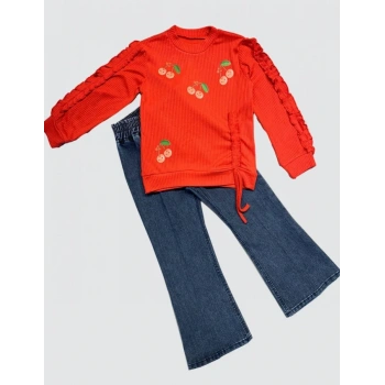 4-5-6 Yaş Kot Pantolonlu Kiraz Desenli Penye Sweat Uzun Kollu 2li Kız Çocuk Takımı Kırmızı