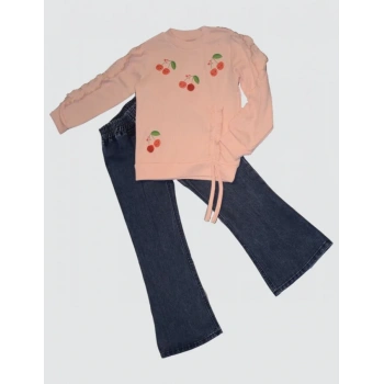 4-5-6 Yaş Kot Pantolonlu Kiraz Desenli Penye Sweat Uzun Kollu 2li Kız Çocuk Takımı Pudra