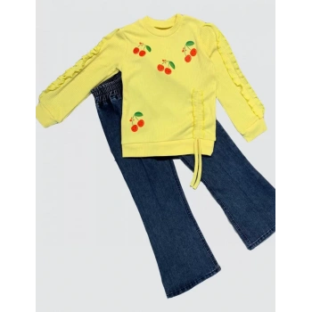 4,5,6 Yaş Kot Pantolonlu Kiraz Desenli Penye Sweat Uzun Kollu 2li Kız Çocuk Takımı Sarı