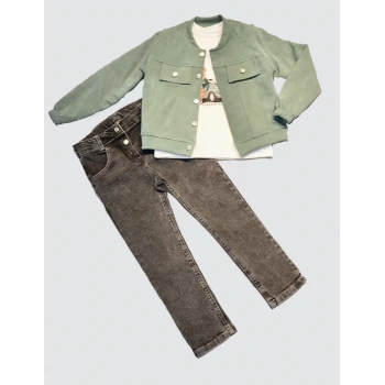 4,5,6 Yaş Kot Pantolonlu Nubukceketli Uzun Kollu Penye Sweat 3lü Erkek Çocuk Takımı Yeşil