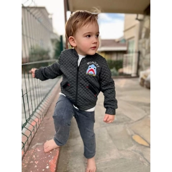 4,5,6 Yaş Kot Pantolonlu Pilot Mont Uzun Kollu Penye Sweat 3lü Erkek Çocuk Takımı Füme