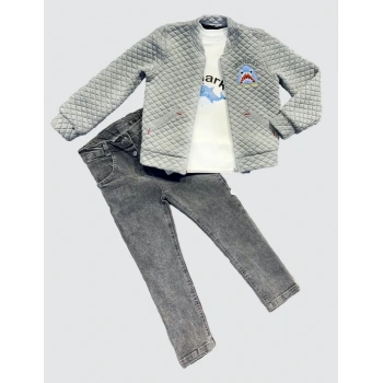 4-5-6 Yaş Kot Pantolonlu Pilot Mont Uzun Kollu Penye Sweat 3lü Erkek Çocuk Takımı Gri