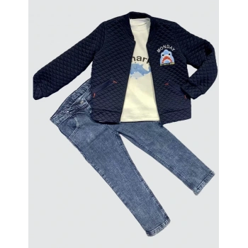 4,5,6 Yaş Kot Pantolonlu Pilot Mont Uzun Kollu Penye Sweat 3lü Erkek Çocuk Takımı Lacivert