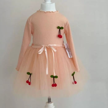 5,6,7 Yaş Kiraz Desenli Kurdela Kuşaklı Astarlı Uzun Kollu Kız Çocuk Tütü Elbise Somon