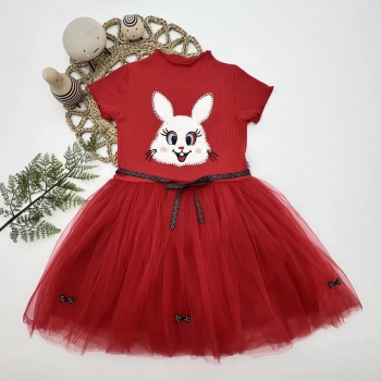 5,6,7 Yaş Payetli Tavşan Baskılı Kız Çocuk Elbisesi Kırmızı