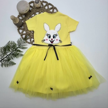 5,6,7 Yaş Payetli Tavşan Baskılı Kız Çocuk Elbisesi Sarı
