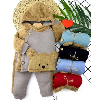 6-12-18-24 Ay Düğme Kapamalı Kapşonlu Ceket Welsoft Detaylı 2li Erkek Bebek Takımı Bej