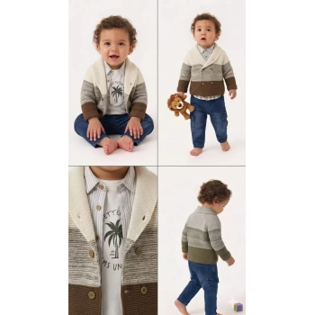 6/24 Ay Triko Hırkalı Tişörtlü 4 Parça Bebek Takımı