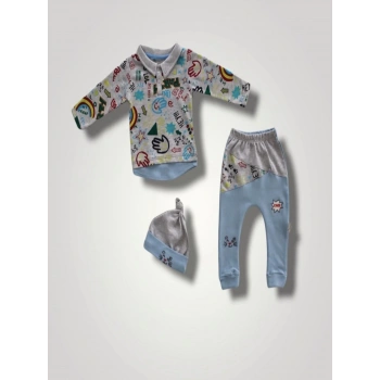 6-9 12-18 18-24 Ay Power Kedi Nakışlı Uzun Kollu Sweat Şapkalı 3lü Kız Erkek Bebek Takımı Mavi