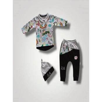 6-9 12-18 18-24 Ay Power Kedi Nakışlı Uzun Kollu Sweat Şapkalı 3lü Kız Erkek Bebek Takımı Siyah