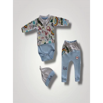 6,9 12,18 18,24 Ay Power Kedi Nakışlı Uzun Kollu Zıbınlı Şapkalı 3lü Kız Erkek Bebek Takımı Mavi