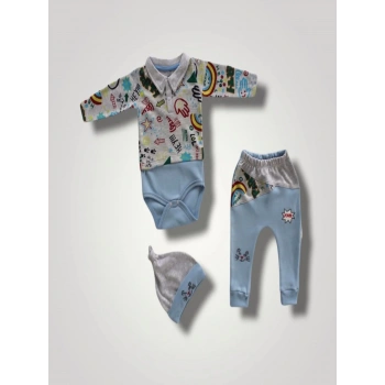 6-9 12-18 18-24 Ay Power Kedi Nakışlı Uzun Kollu Zıbınlı Şapkalı 3lü Kız Erkek Bebek Takımı Mavi