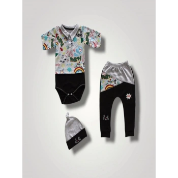 6-9 12-18 18-24 Ay Power Kedi Nakışlı Uzun Kollu Zıbınlı Şapkalı 3lü Kız Erkek Bebek Takımı Siyah