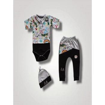 6,9 12,18 18,24 Ay Power Kedi Nakışlı Uzun Kollu Zıbınlı Şapkalı 3lü Kız Erkek Bebek Takımı Siyah
